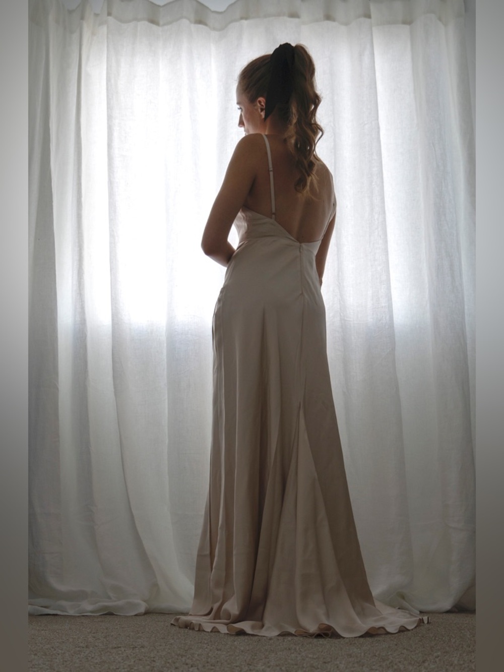 *WORN ONCE FOR PHOTOS*
Strappy Draped Maxi Dress with Low Back, Satin Champagne